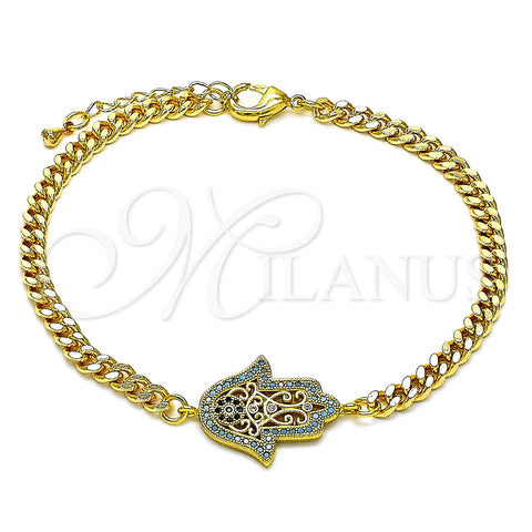 Oro Laminado Fancy Bracelet, Gold Filled Style Hand of God Design, with Multicolor Micro Pave, Polished, Golden Finish, 03.368.0090.08 (04 MM Thickness, 8 Inches Length)