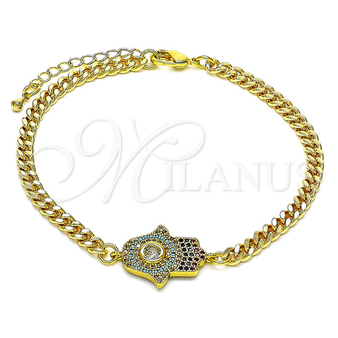 Oro Laminado Fancy Bracelet, Gold Filled Style Hand of God Design, with Multicolor Micro Pave and White Cubic Zirconia, Polished, Golden Finish, 03.368.0092.08 (04 MM Thickness, 8 Inches Length)
