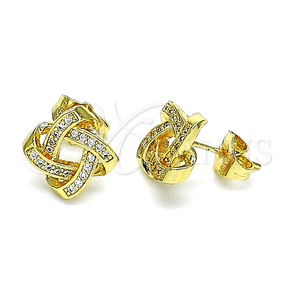 Oro Laminado Stud Earring, Gold Filled Style Love Knot Design, with White Micro Pave, Polished, Golden Finish, 02.156.0634