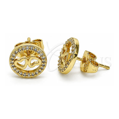 Oro Laminado Stud Earring, Gold Filled Style Heart Design, with White Micro Pave, Polished, Golden Finish, 02.156.0637