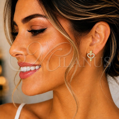 Oro Laminado Stud Earring, Gold Filled Style Heart Design, with White Micro Pave, Polished, Golden Finish, 02.156.0638