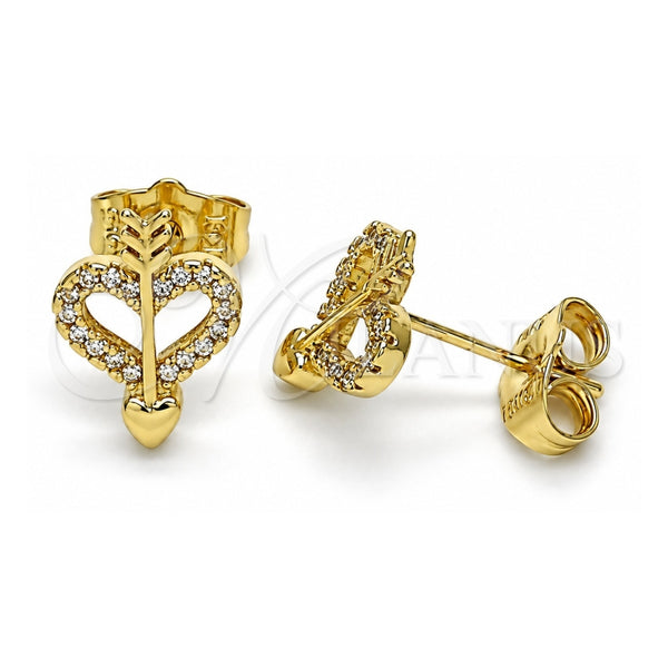 Oro Laminado Stud Earring, Gold Filled Style Heart Design, with White Micro Pave, Polished, Golden Finish, 02.156.0638