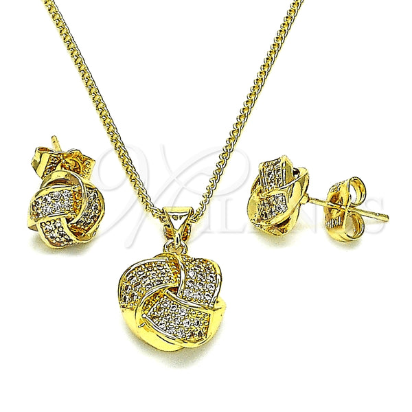 Oro Laminado Earring and Pendant Adult Set, Gold Filled Style Love Knot Design, with White Micro Pave, Polished, Golden Finish, 10.156.0432