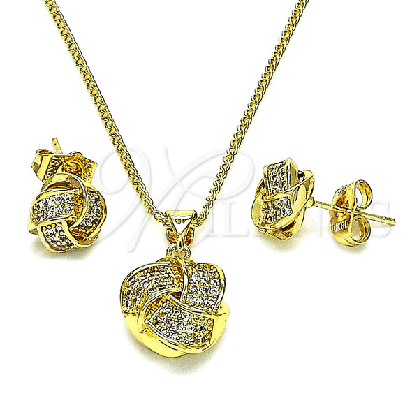 Oro Laminado Earring and Pendant Adult Set, Gold Filled Style Love Knot Design, with White Micro Pave, Polished, Golden Finish, 10.156.0432