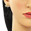 Oro Laminado Stud Earring, Gold Filled Style Dragon-Fly Design, with White Micro Pave and White Cubic Zirconia, Polished, Golden Finish, 02.156.0640