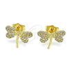 Oro Laminado Stud Earring, Gold Filled Style Dragon-Fly Design, with White Micro Pave and White Cubic Zirconia, Polished, Golden Finish, 02.156.0640