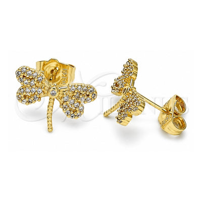 Oro Laminado Stud Earring, Gold Filled Style Dragon-Fly Design, with White Micro Pave and White Cubic Zirconia, Polished, Golden Finish, 02.156.0640