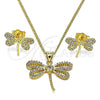 Oro Laminado Earring and Pendant Adult Set, Gold Filled Style Dragon-Fly Design, with White Micro Pave and White Cubic Zirconia, Polished, Golden Finish, 10.156.0433