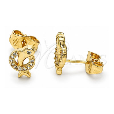 Oro Laminado Stud Earring, Gold Filled Style Dolphin Design, with White Micro Pave, Polished, Golden Finish, 02.156.0641