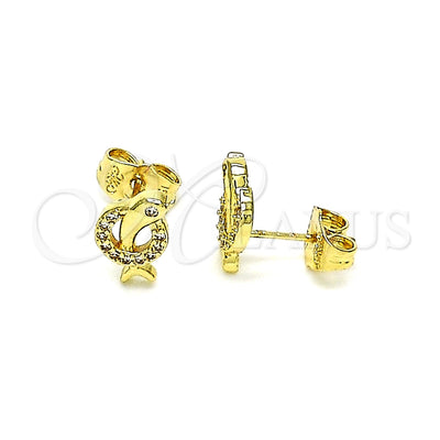 Oro Laminado Stud Earring, Gold Filled Style Dolphin Design, with White Micro Pave, Polished, Golden Finish for wholesale, main product view