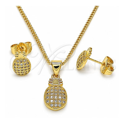 Oro Laminado Earring and Pendant Adult Set, Gold Filled Style Pineapple Design, with White Micro Pave, Polished, Golden Finish, 10.156.0436