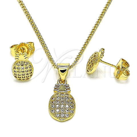 Oro Laminado Earring and Pendant Adult Set, Gold Filled Style Pineapple Design, with White Micro Pave, Polished, Golden Finish, 10.156.0436