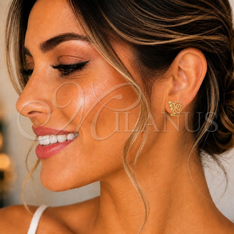 Oro Laminado Stud Earring, Gold Filled Style Angel Design, with White Micro Pave, Polished, Golden Finish, 02.156.0643