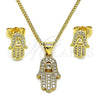 Oro Laminado Earring and Pendant Adult Set, Gold Filled Style Hand of God Design, with White Micro Pave and White Cubic Zirconia, Polished, Golden Finish, 10.156.0438