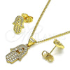 Oro Laminado Earring and Pendant Adult Set, Gold Filled Style Hand of God Design, with White Micro Pave and White Cubic Zirconia, Polished, Golden Finish, 10.156.0438