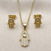 Oro Laminado Earring and Pendant Adult Set, Gold Filled Style Hand of God Design, with White Micro Pave and White Cubic Zirconia, Polished, Golden Finish, 10.156.0438