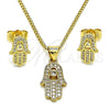 Oro Laminado Earring and Pendant Adult Set, Gold Filled Style Hand of God Design, with White Micro Pave and White Cubic Zirconia, Polished, Golden Finish, 10.156.0438