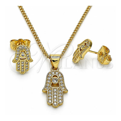 Oro Laminado Earring and Pendant Adult Set, Gold Filled Style Hand of God and Judaica Design, with White Micro Pave and White Cubic Zirconia, Polished, Golden Finish, 10.156.0438