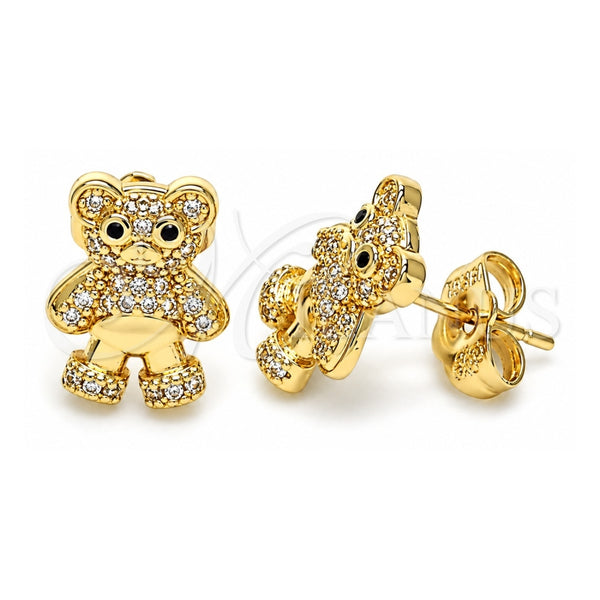 Oro Laminado Stud Earring, Gold Filled Style Teddy Bear Design, with White Micro Pave, Polished, Golden Finish, 02.156.0645