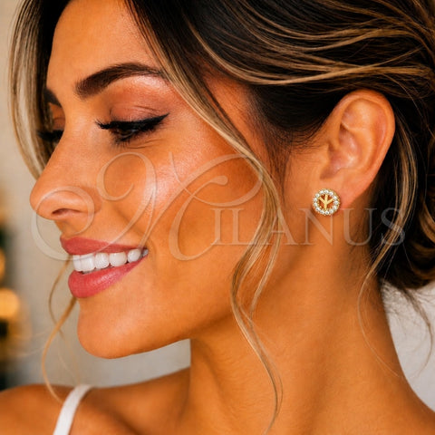Oro Laminado Stud Earring, Gold Filled Style with White Micro Pave, Polished, Golden Finish, 02.156.0646