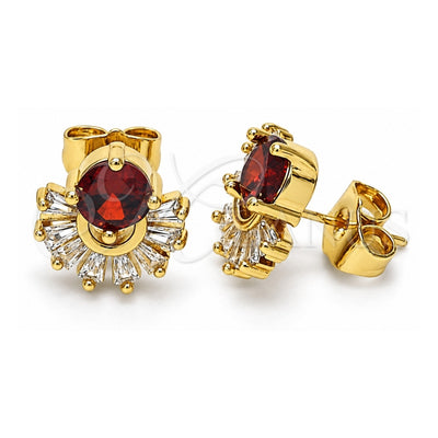 Oro Laminado Stud Earring, Gold Filled Style Baguette Design, with Garnet and White Cubic Zirconia, Polished, Golden Finish, 02.387.0018.2