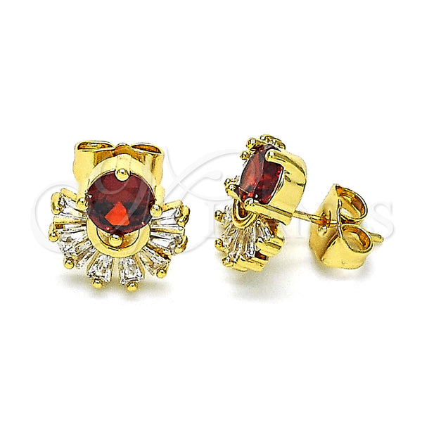 Oro Laminado Stud Earring, Gold Filled Style Baguette Design, with Garnet and White Cubic Zirconia, Polished, Golden Finish, 02.387.0018.2