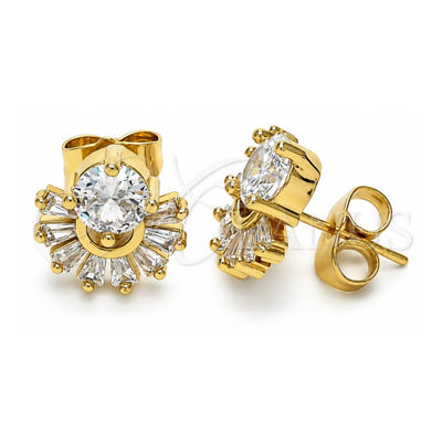 Oro Laminado Stud Earring, Gold Filled Style Baguette Design, with White Cubic Zirconia, Polished, Golden Finish, 02.387.0018.5