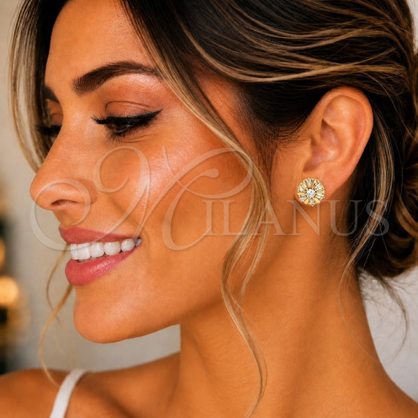 Oro Laminado Stud Earring, Gold Filled Style Flower and Baguette Design, with White Cubic Zirconia, Polished, Golden Finish, 02.387.0033.5