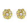 Oro Laminado Stud Earring, Gold Filled Style Flower and Baguette Design, with White Cubic Zirconia, Polished, Golden Finish, 02.387.0033.5