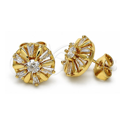 Oro Laminado Stud Earring, Gold Filled Style Flower and Baguette Design, with White Cubic Zirconia, Polished, Golden Finish, 02.387.0033.5