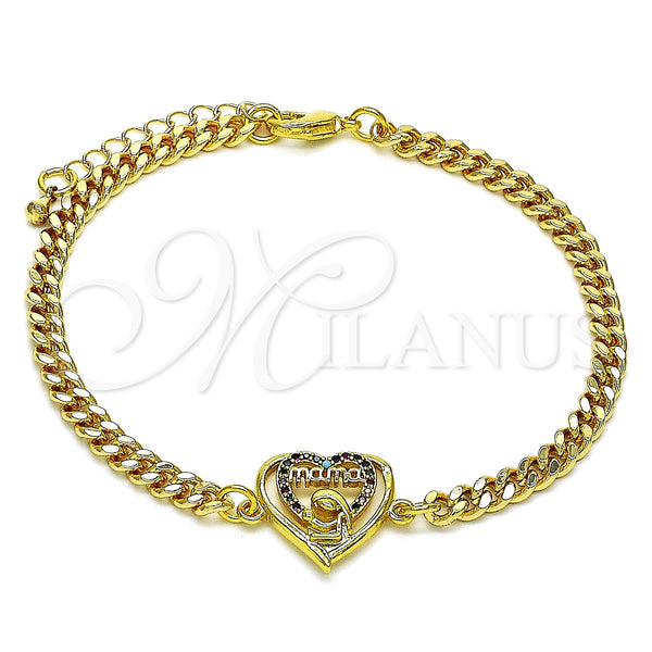 Gold Filled Bracelet — Fancy Bracelet Mom and Heart Design with Multicolor — main product view — SKU 146818 | Oro Laminado brazalete — elegante Bracelet Mom and corazón diseño with Multicolor — SKU 146818