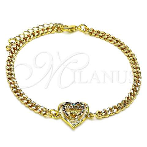 Oro Laminado Fancy Bracelet, Gold Filled Style Mom and Heart Design, with Multicolor Micro Pave, Polished, Golden Finish, 03.381.0043.08 (04 MM Thickness, 8 Inches Length)
