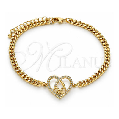 Oro Laminado Fancy Bracelet, Gold Filled Style Mom and Heart Design, with White Micro Pave, Polished, Golden Finish, 03.381.0044.08 (04 MM Thickness, 8 Inches Length)