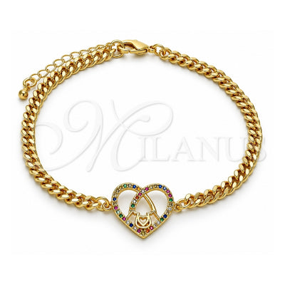 Oro Laminado Fancy Bracelet, Gold Filled Style Mom and Heart Design, with Multicolor Micro Pave, Polished, Golden Finish, 03.381.0044.1.08 (04 MM Thickness, 8 Inches Length)