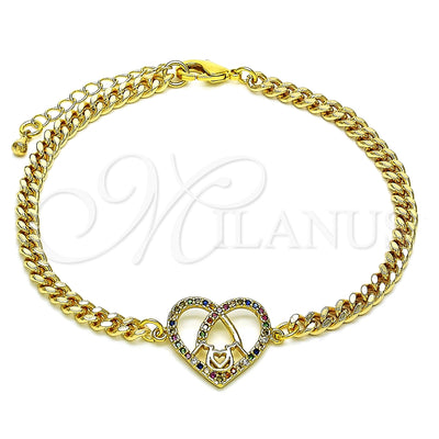 Oro Laminado Fancy Bracelet, Gold Filled Style Mom and Heart Design, with Multicolor Micro Pave, Polished, Golden Finish, 03.381.0044.1.08 (04 MM Thickness, 8 Inches Length)