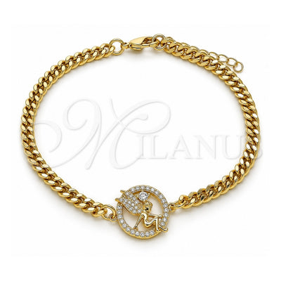 Oro Laminado Fancy Bracelet, Gold Filled Style Angel Design, with White Micro Pave and White Cubic Zirconia, Polished, Golden Finish, 03.156.0027.08 (04 MM Thickness, 8 Inches Length)