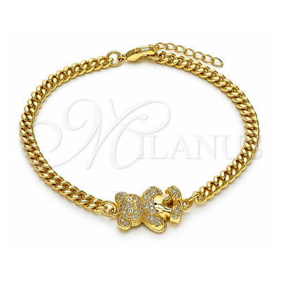 Oro Laminado Fancy Bracelet, Gold Filled Style Teddy Bear Design, with White and Black Micro Pave, Polished, Golden Finish, 03.156.0032.08 (04 MM Thickness, 8 Inches Length)