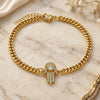 Oro Laminado Fancy Bracelet, Gold Filled Style Hand of God and Judaica Design, with White Cubic Zirconia and White Micro Pave, Polished, Golden Finish, 03.156.0034.08 (04 MM Thickness, 8 Inches Length)