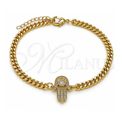 Oro Laminado Fancy Bracelet, Gold Filled Style Hand of God and Judaica Design, with White Cubic Zirconia and White Micro Pave, Polished, Golden Finish, 03.156.0034.08 (04 MM Thickness, 8 Inches Length)