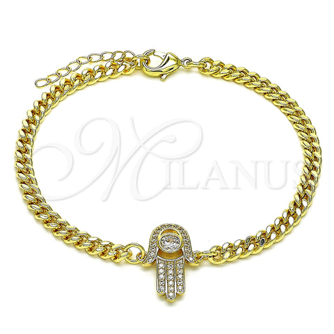 Oro Laminado Fancy Bracelet, Gold Filled Style Hand of God Design, with White Cubic Zirconia and White Micro Pave, Polished, Golden Finish, 03.156.0034.08 (04 MM Thickness, 8 Inches Length)