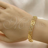 Oro Laminado Fancy Bracelet, Gold Filled Style Greek Key Design, with White Micro Pave, Polished, Golden Finish, 03.346.0007.07 (Thickness, 7 Inches Length)