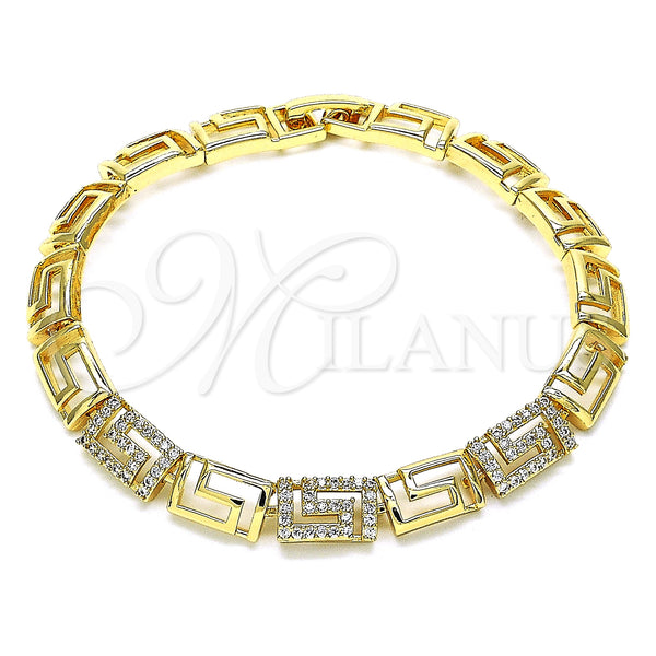 Oro Laminado Fancy Bracelet, Gold Filled Style Greek Key Design, with White Micro Pave, Polished, Golden Finish, 03.346.0007.07 (Thickness, 7 Inches Length)
