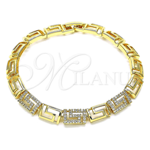 Oro Laminado Fancy Bracelet, Gold Filled Style Greek Key Design, with White Micro Pave, Polished, Golden Finish, 03.346.0007.07 (Thickness, 7 Inches Length)
