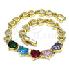 Oro Laminado Fancy Bracelet, Gold Filled Style Heart Design, with Multicolor Cubic Zirconia, Polished, Golden Finish, 03.283.0075.07 (06 MM Thickness, 7 Inches Length)