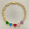 Oro Laminado Fancy Bracelet, Gold Filled Style Heart Design, with Multicolor Cubic Zirconia, Polished, Golden Finish, 03.283.0075.07 (06 MM Thickness, 7 Inches Length)