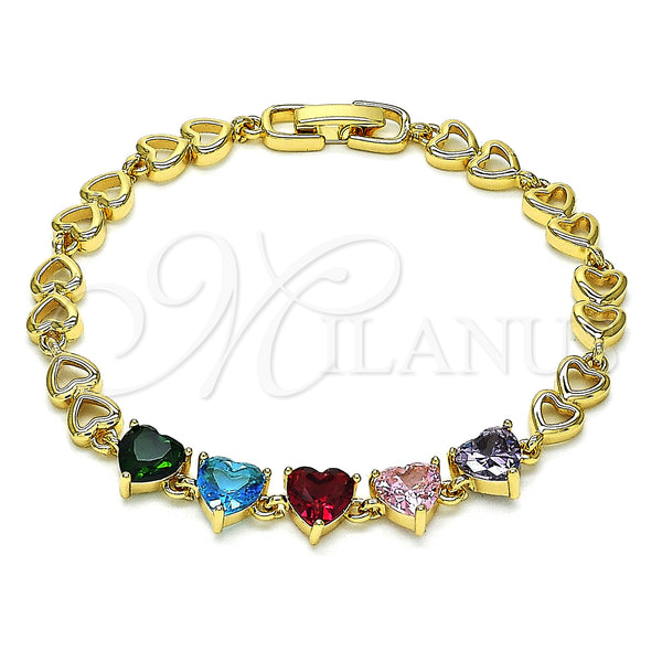 Oro Laminado Fancy Bracelet, Gold Filled Style Heart Design, with Multicolor Cubic Zirconia, Polished, Golden Finish, 03.283.0075.07 (06 MM Thickness, 7 Inches Length)