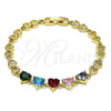 Oro Laminado Fancy Bracelet, Gold Filled Style Heart Design, with Multicolor Cubic Zirconia, Polished, Golden Finish, 03.283.0075.07 (06 MM Thickness, 7 Inches Length)