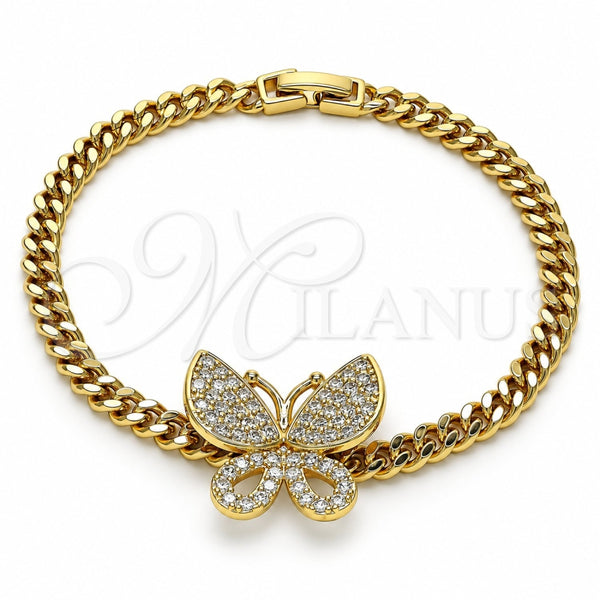 Oro Laminado Fancy Bracelet, Gold Filled Style Butterfly Design, with White Cubic Zirconia, Polished, Golden Finish, 03.283.0080.08 (05 MM Thickness, 8 Inches Length)