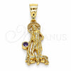 Oro Laminado Religious Pendant, Gold Filled Style San Lazaro Design, with Amethyst Cubic Zirconia, Polished, Golden Finish, 05.253.0165
