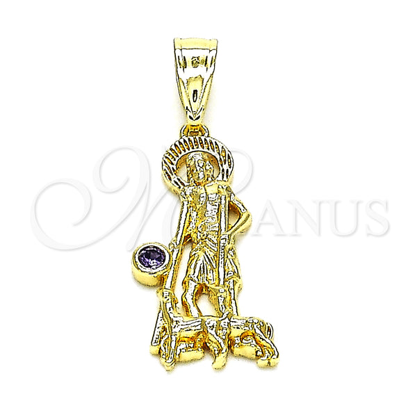 Gold Filled Pendant — Religious Pendant San Lazaro Design with Amethyst Cubic — main product view — SKU 146876 | Oro Laminado dije — Religious Pendant San Lazaro diseño with Amethyst Cubic — SKU 146876